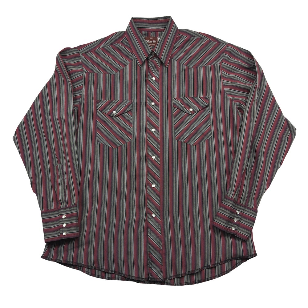 Wrangler Western Shirt Mens Large 16-16.5 Red Black Striped Pearl‎ Snap Vintage